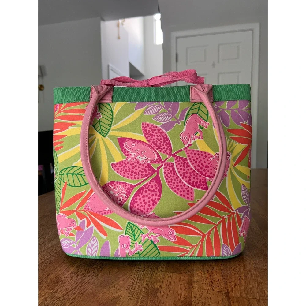 Lilly Pulitzer Tropical Frog Print Canvas Tote Bag Pink Green Palm Tree Zip